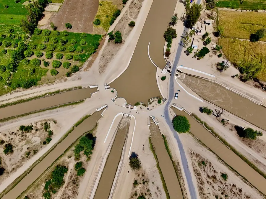 Aerial view of irrigation canals and farmland